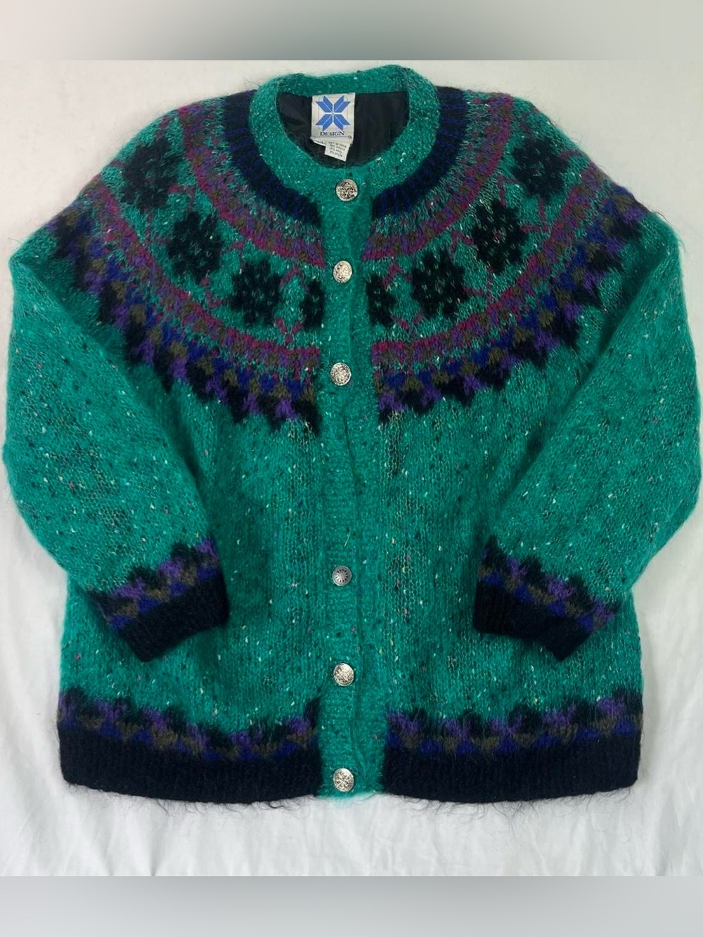Vintage Nordic Icelandic Faire Isle Mohair Wool Cardigan Sweater
